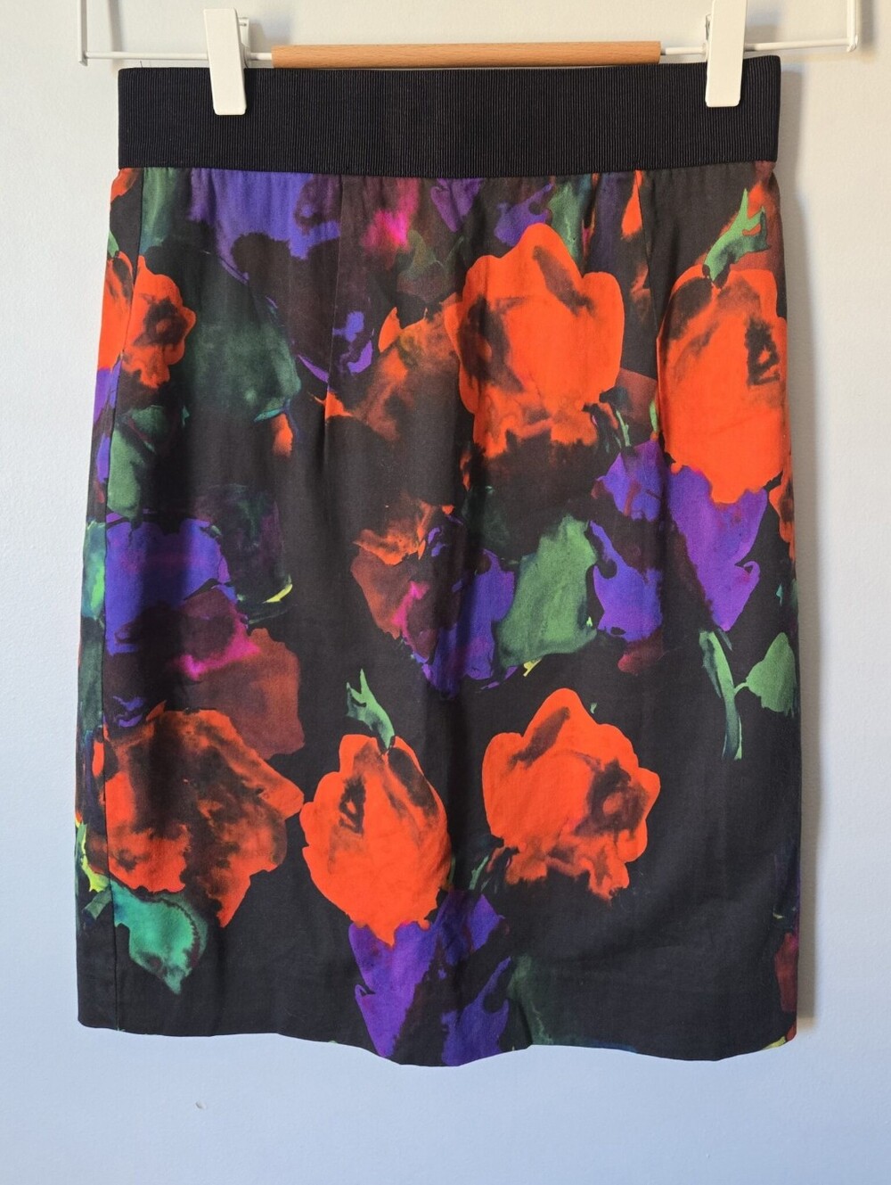 MILLY Floral Print Pencil Skirt - Black with Red & Purple Blooms